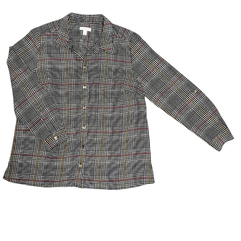 Charter Club Women's Houndstooth Plaid Button Down Blouse Size L Workwear Chic